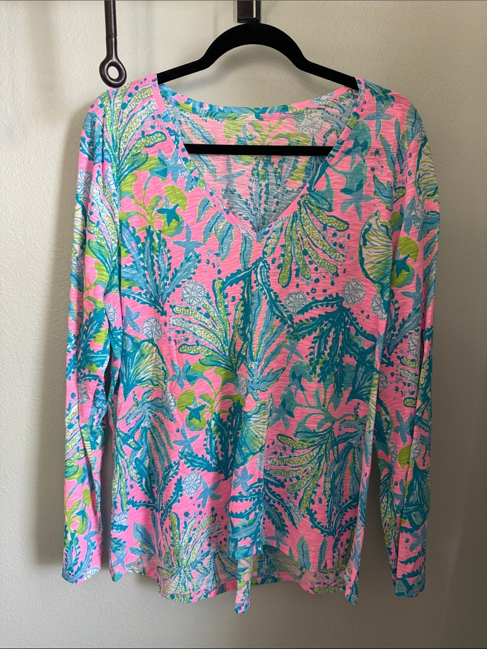Lilly Pulitzer Pink, Teal & Lime V-Neck Tropical Long Sleeve Top